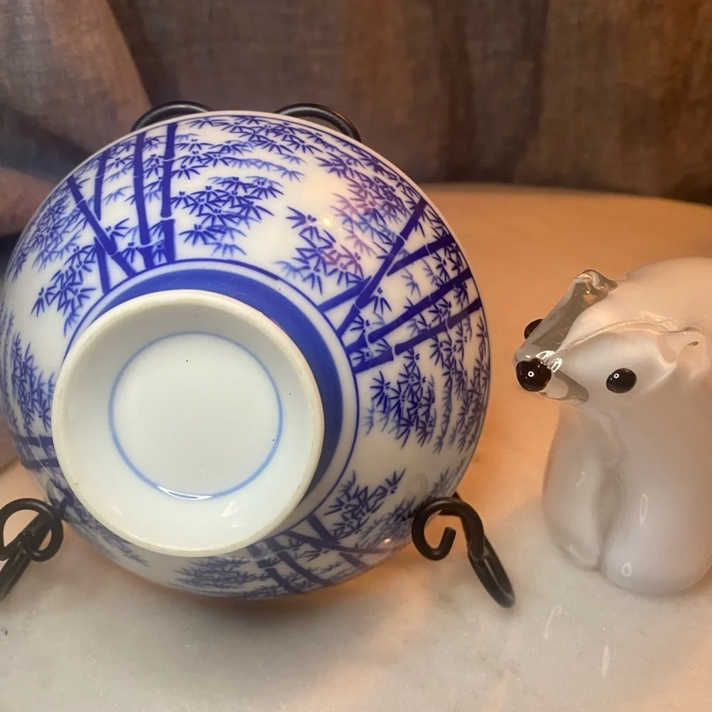 Vintage‎ Asian Blue & White Porcelain Rice Bowl – Bamboo Pattern, 4.75”, 130g